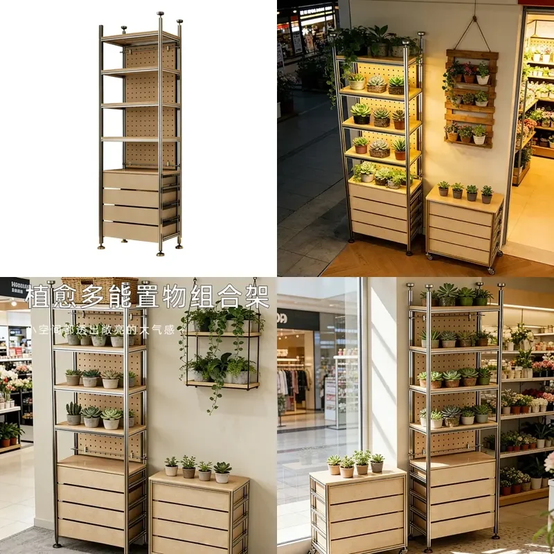 Industrial Birch Wood Display Rack Aluminum Frame Multi Tier Floor Standing Shelf for Sample Storage Cabinet