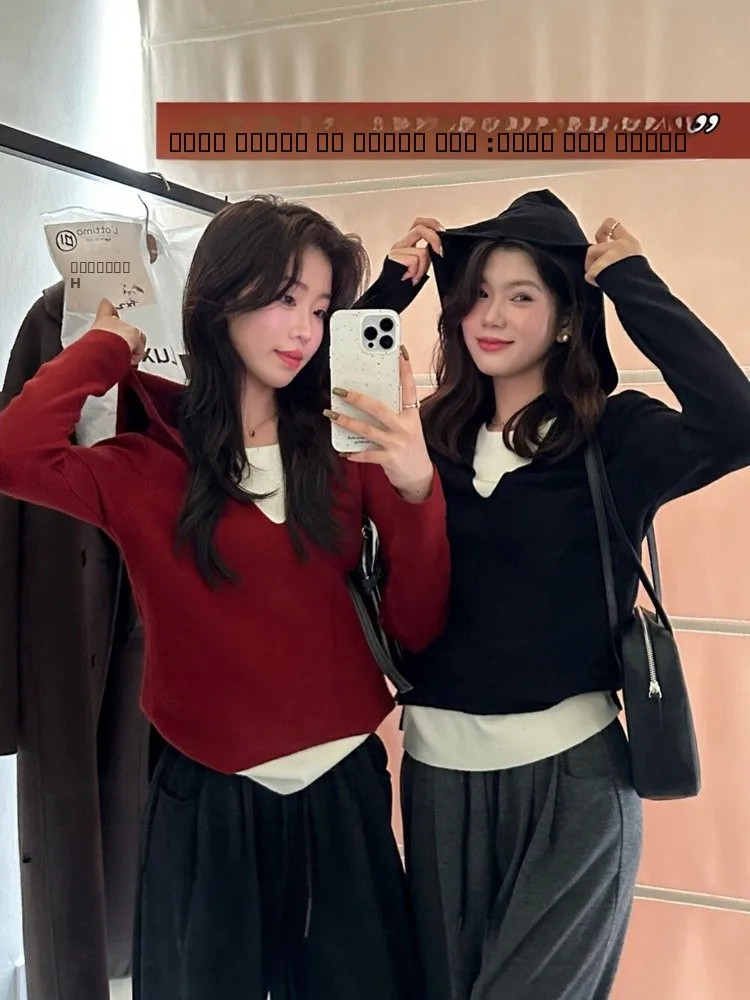 

Ankela Red American Sle Вязаный свитер с капюшоном V-Ne Базовый слой Женская зимняя верхняя одежда Свободного покроя Длинный све