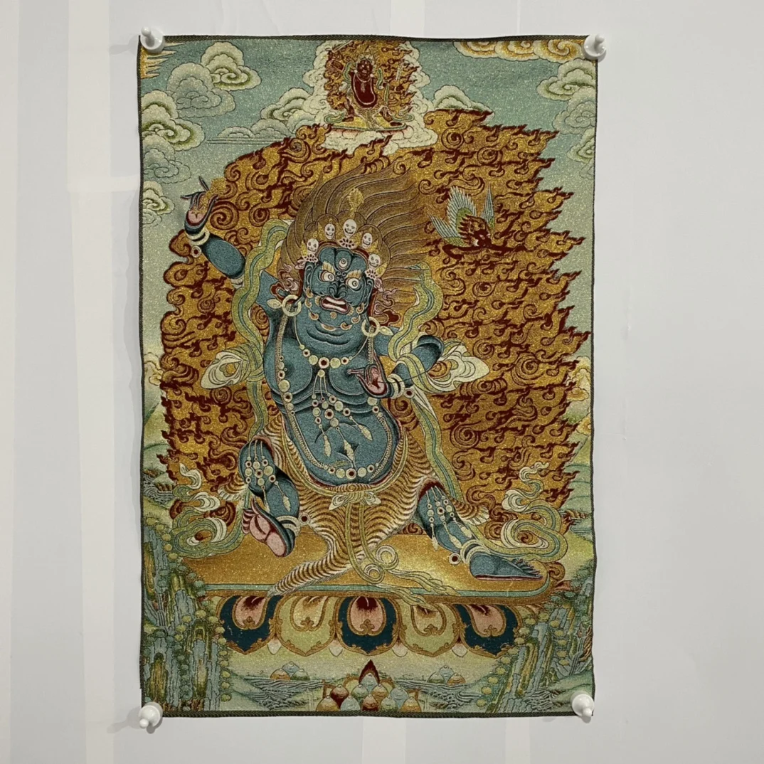 

35"Thangka Embroidery Tibetan Buddhism silk Embroidery Vajrapani Bodhisattva lotus platform Thangka hanging screen Worship Hall