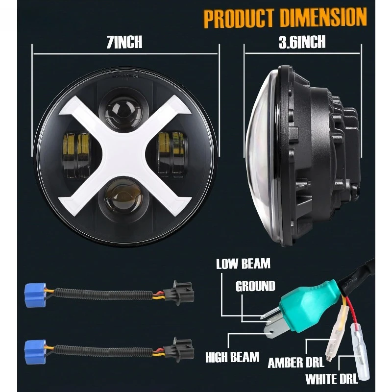 

15,75 х 8,27 х 5,12 дюйма 7-дюймовые круглые светодиодные фары Фари X-Style Белый DRL Синий указатель поворота Водонепроницаемый