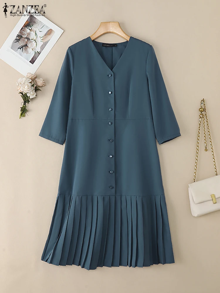 ZANZEA Women's Casual Pleated Midi Dress V-Neck 3/4 Sleeve Button Up A-Line Dresses Elegant Office Commuting Wear Woman Clothing