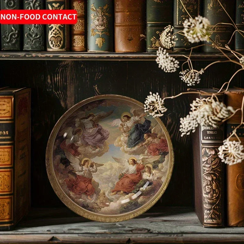 1pcAngel Theme Ceramic Decorative Plate Hand-Painted Sky Angels Design Home Wall Art Non-Food Contact Craft Living Room Bedroom