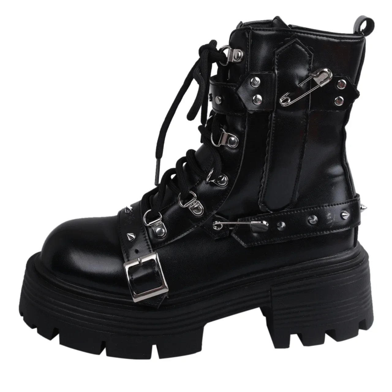 

2024 NEW Punk Style Women Boots Lace-up heel height Platform Shoes Woman Gothic Ankle Rock Boots Metal Decor Woman Sneakers