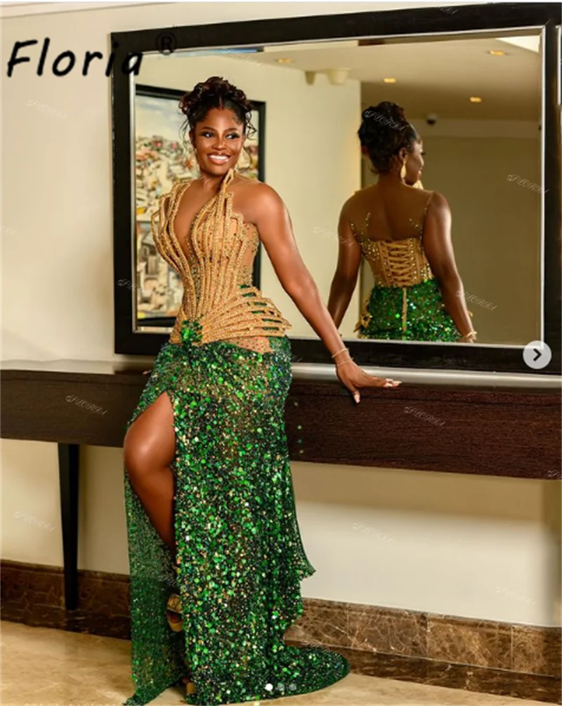 Aso ebi ouro verde sereia vestidos de noite 2025 luxo áfrica feminino personalizado grânulo glitter lantejoulas vestido de festa de casamento plus size