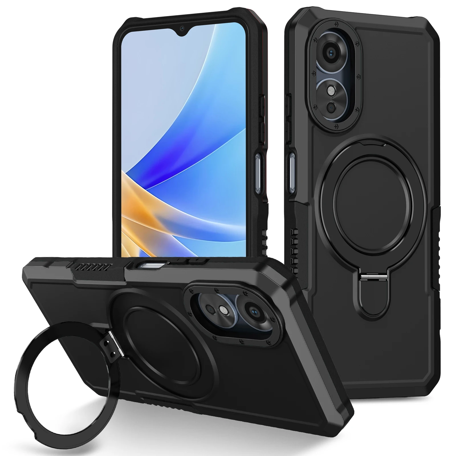 For OPPO A7 A12 Phone Cover with O Stand Holder Shockproof Phone Case For A11k A16s A16e A17k Anti Fingerprint Lens Protection