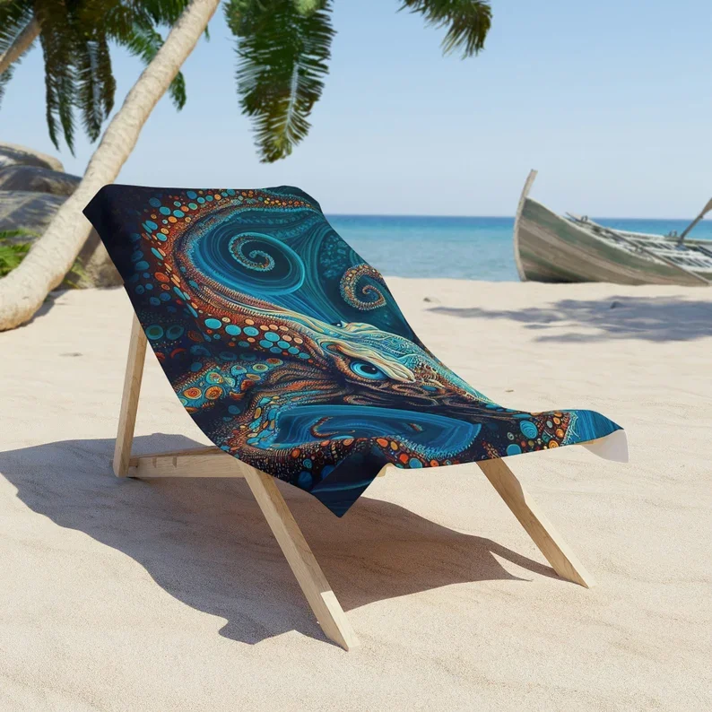 Epic Artisan Octopus Beach Towel, Blue & Orange Swirling Water Design Unique Ocean Art Option Luxurious Vacation Gift