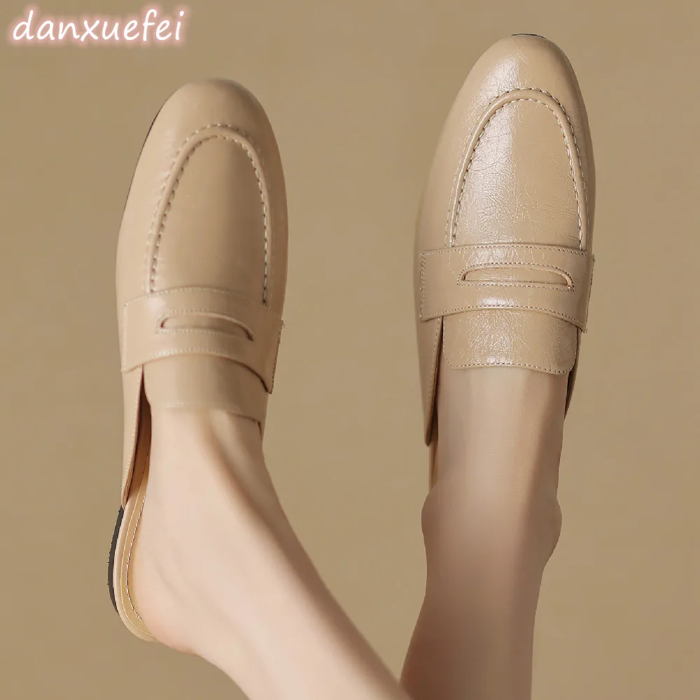 

danxuefei women's genuine leather round toe slip-on flats sandals casual female daily mules summer slides shoes for women sale