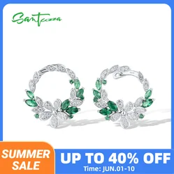 SANTUZZA Real 925 Sterling Silver Earrings For Women Sparkling White CZ Green Spinel Flower Leaves Elegant Party Fine Jewelry