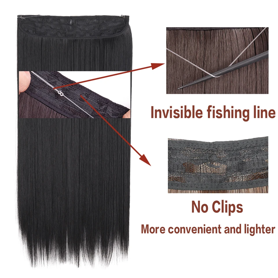 Extensiones de cabello sintético invisibles sin clip, de alambre, rectas, negras y rubias, postizo de una pieza 5