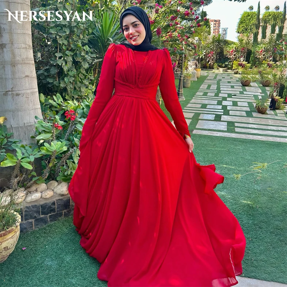 

Nersesyan Red Muslim Formal Evening Dresses A-Line Pleats High Neck Flare Sleeves Prom Dress For Wedding Muslim Part Gowns 2024