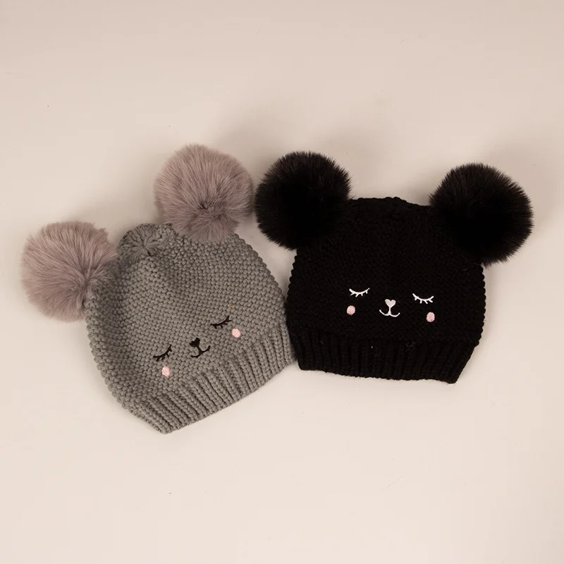 Autumn Winter Baby Warm Knitted Hats With Pom Infant Soft Cozy Beanie Cute Solid Cartoon Print Bonnets Boys Girls Accessories