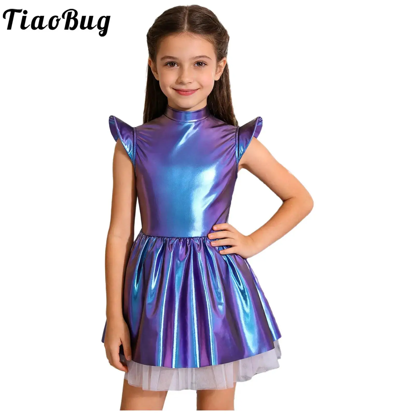 Kids Girls Alien Robot Dress Outer Space Costume Glossy Metallic Ruffled Mesh Tutu Dress Halloween Cosplay Theme Party Dress Up