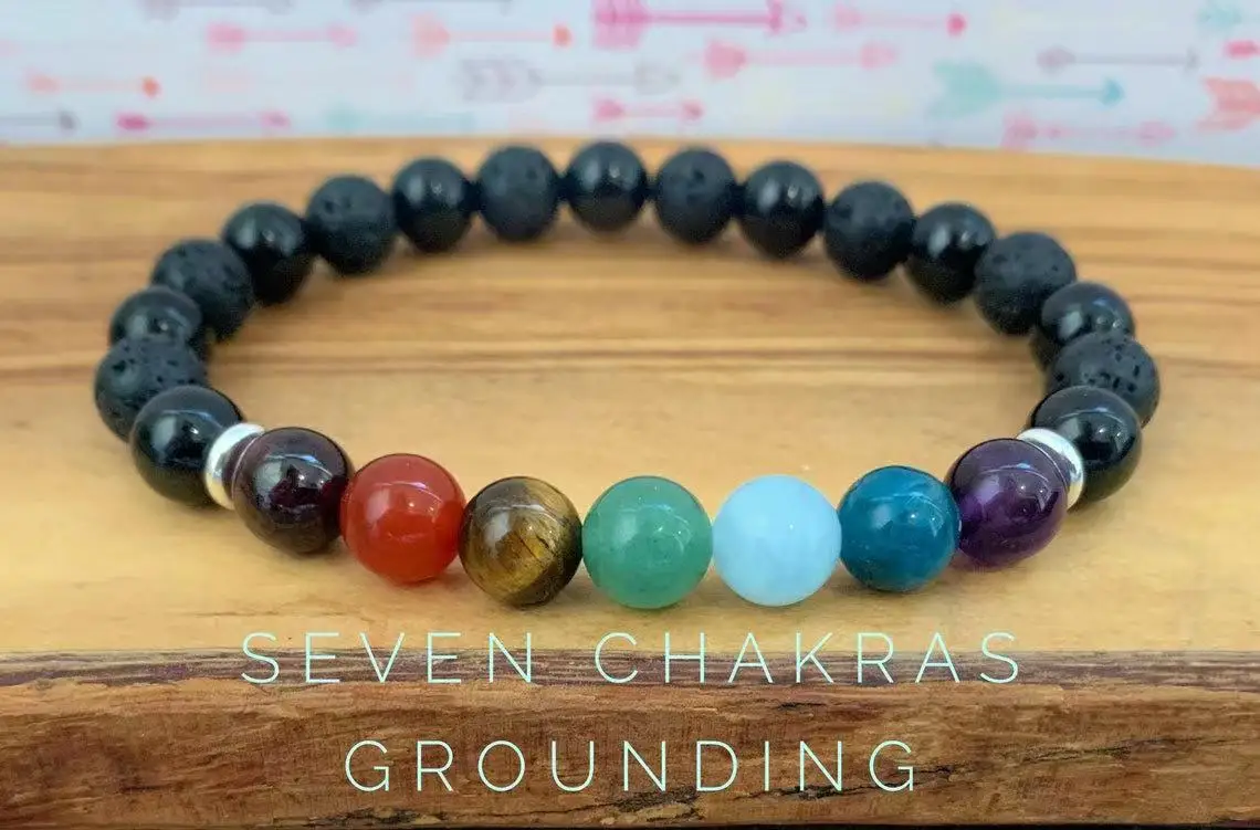 MG1969 8 MM Russian Shungite 7 Chakras Rock Lava Stone Bracelet Womens Beaded Gemstone Energy Healing Crystals Jewelry