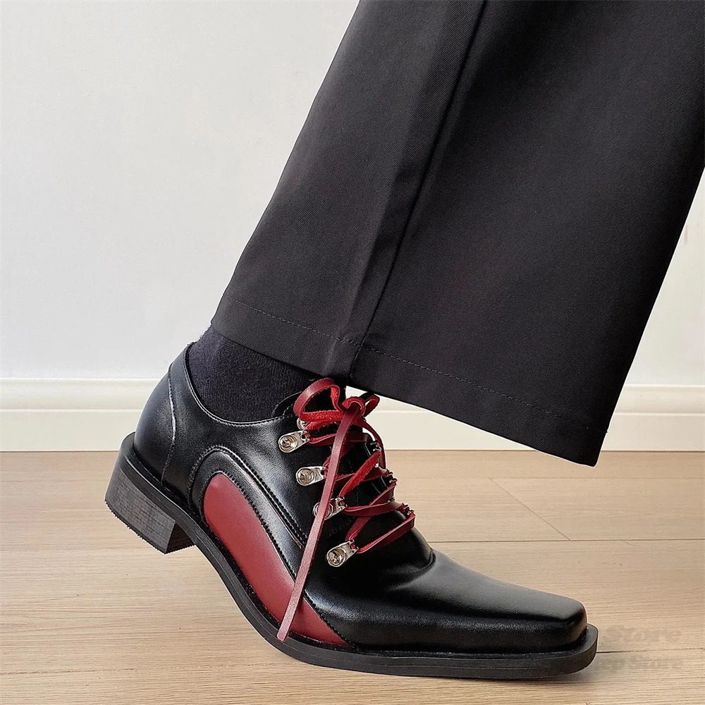Detachable Upper Design Derby Shoes Dark Retro Style Unisex Square Toe Patchwork Lace Up Leather Shoes Men Chunky Heel Boot