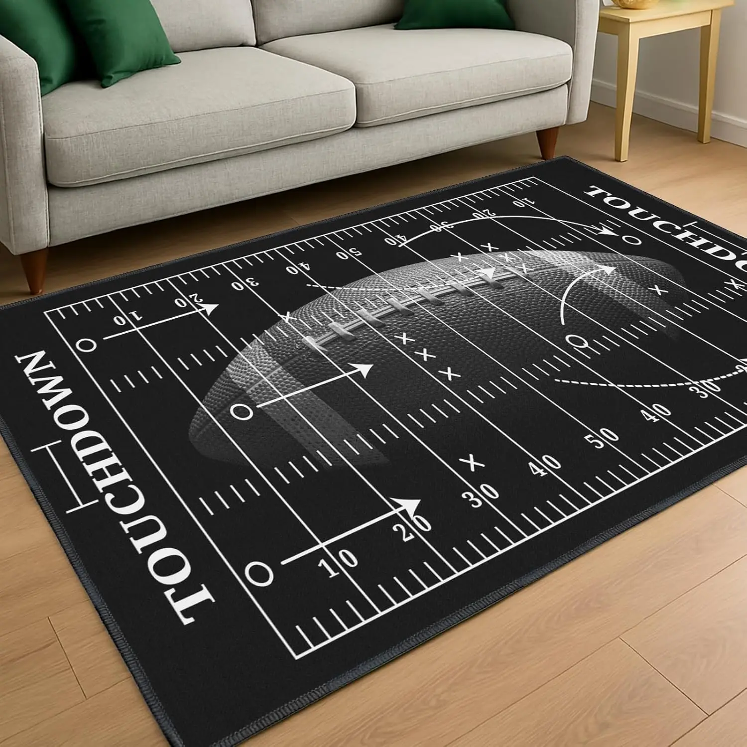 

American Football Field Print Area Rug,Black Touchdown Themed Non-Slip Floor Mat for Living Room Bedroom,Sports Fan Decor Carpet