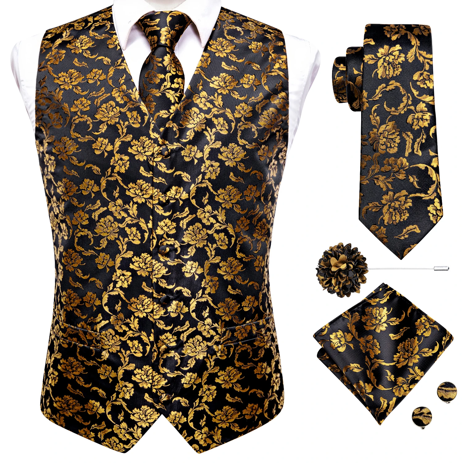 Herrenwesten Jacquard-Weste Krawatte Einstecktuch Manschettenknöpfe Brosche Set für Herren Anzug Ärmellose Jacke Hochzeit Geschäft Party – Detail 3