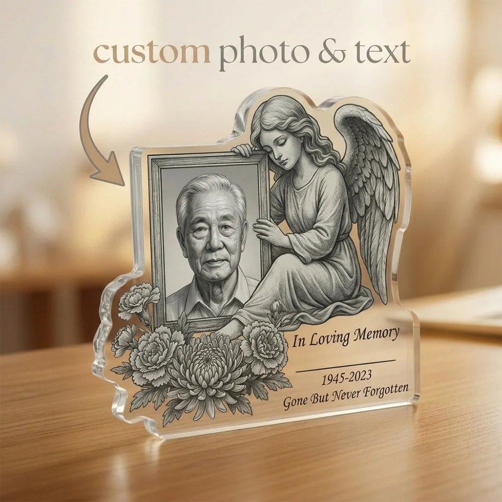Plaque commémorative personnalisée en acrylique avec cadre ange, motif floral ange, pour les veuvons, services commémoratifs, décoration intérieure, commémoration des jours de triste souvenir
