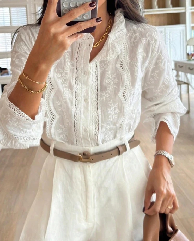 

Женская осенняя новинка, ажурная рубашка с длинными рукавами и воротником-стойкой в богемном стиле