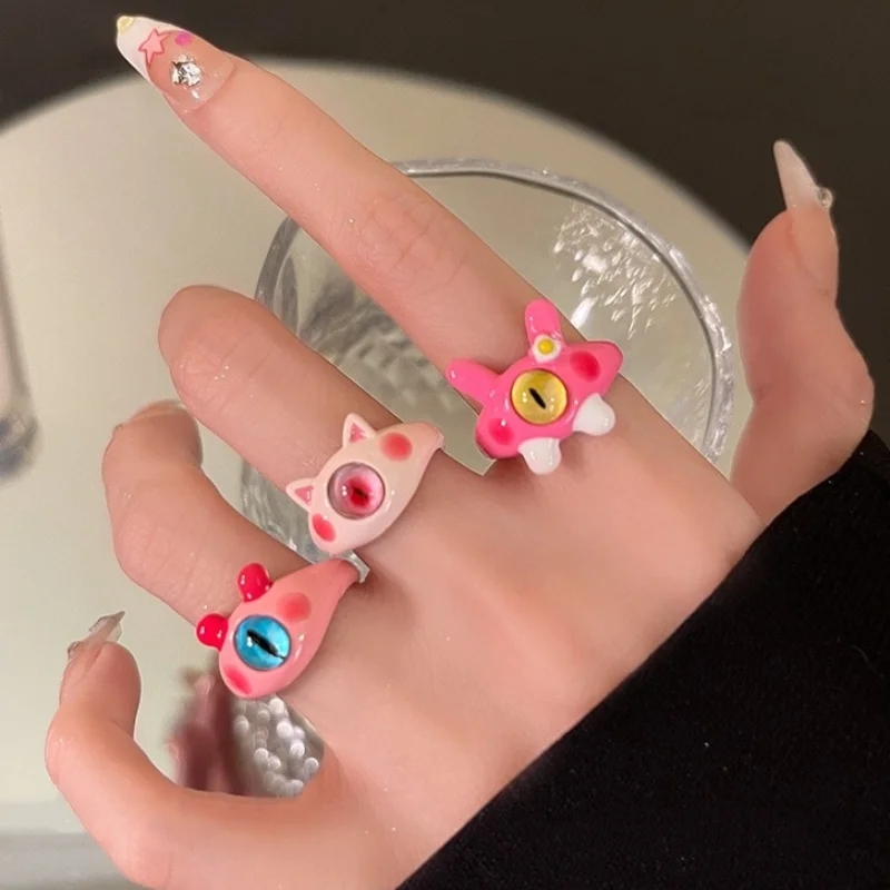 Cartoon Cat Evil Eye Opening Rings Cute Monster Rings for Women Funny Y2k Colorful Unique Devil Eyes Rings Jewelry Party Gifts