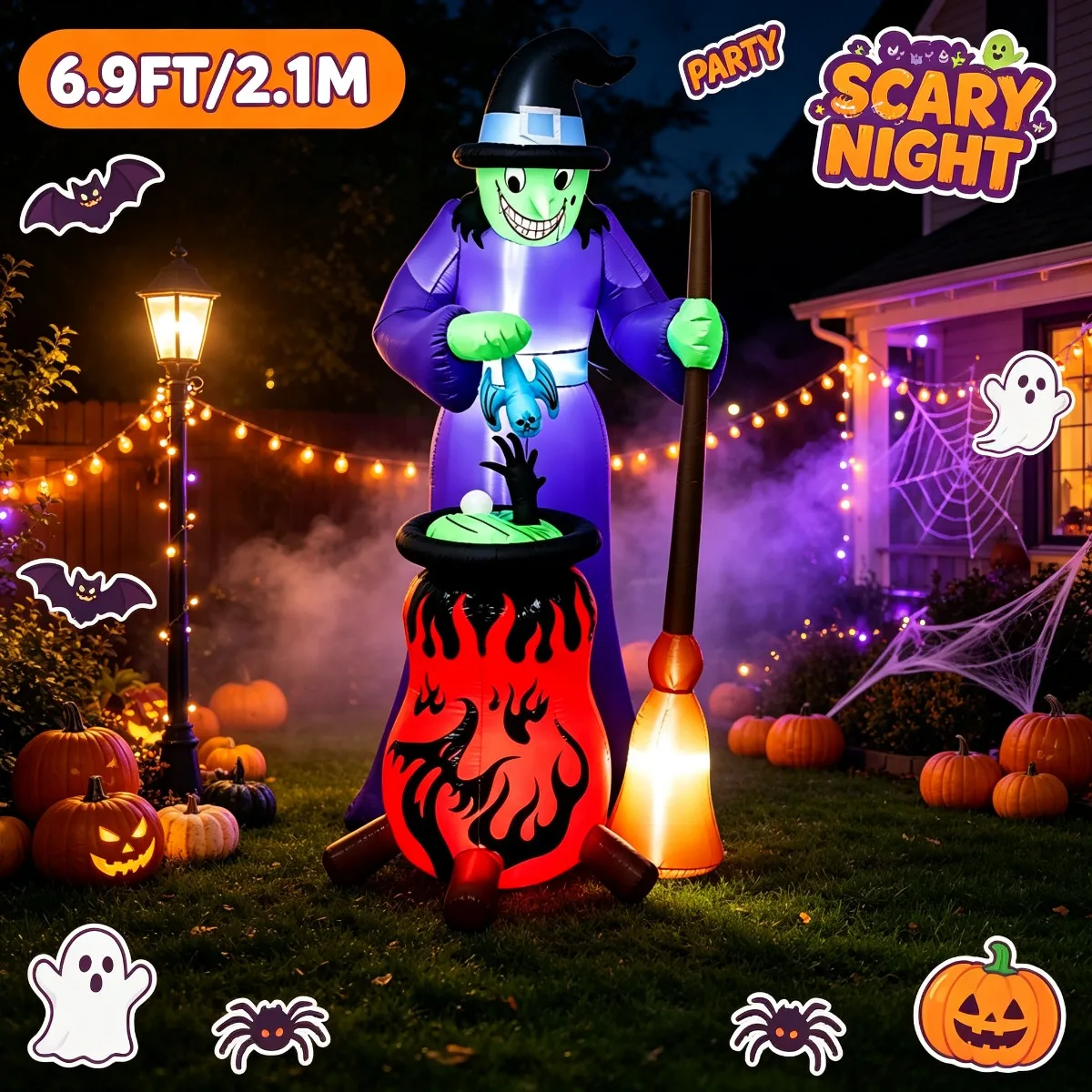 Halloween Light Up Witch Cauldron Inflatable Outdoor Holiday Decorations Garden Decor