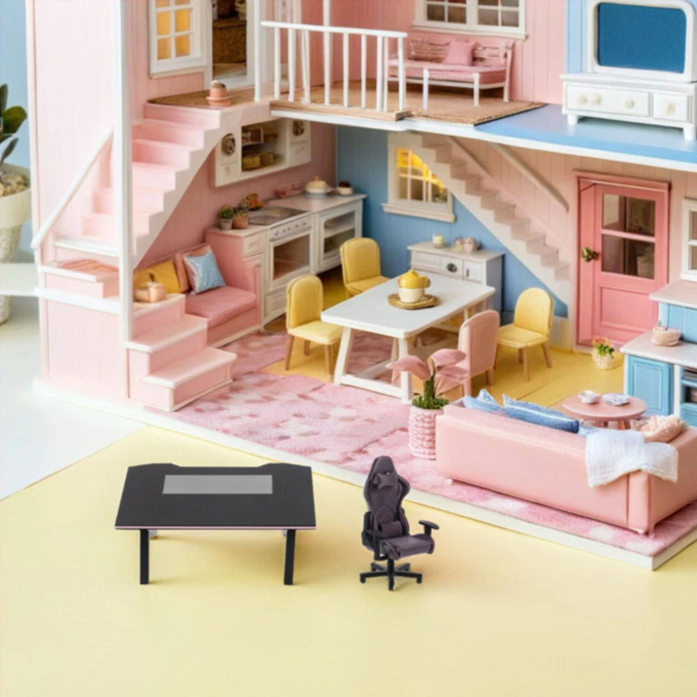 Miniature Gaming Desk and Chair 1:12 Scale Dollhouse Furniture Accessories Tiny Computer Chair Model Decoration and DIY Crafts view 4