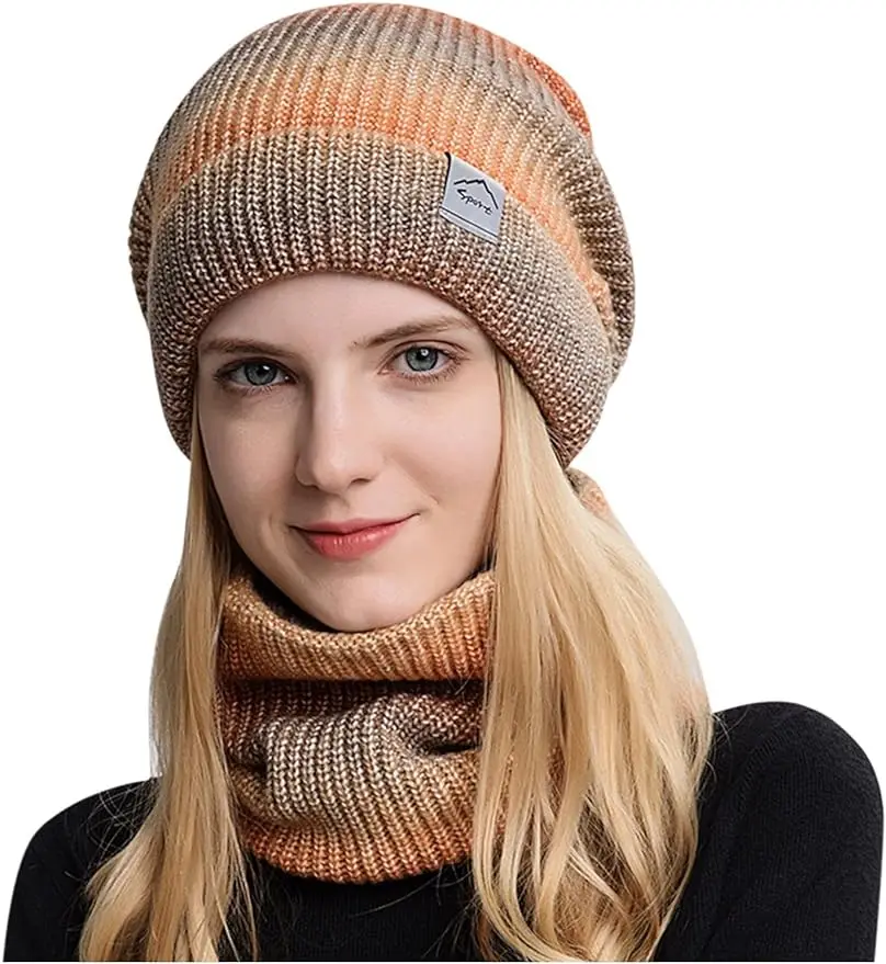 Conjunto de gorro y bufanda de invierno para mujer con forro polar, calentador de cuello suave, gorro de punto holgado para mujer, Color degradado