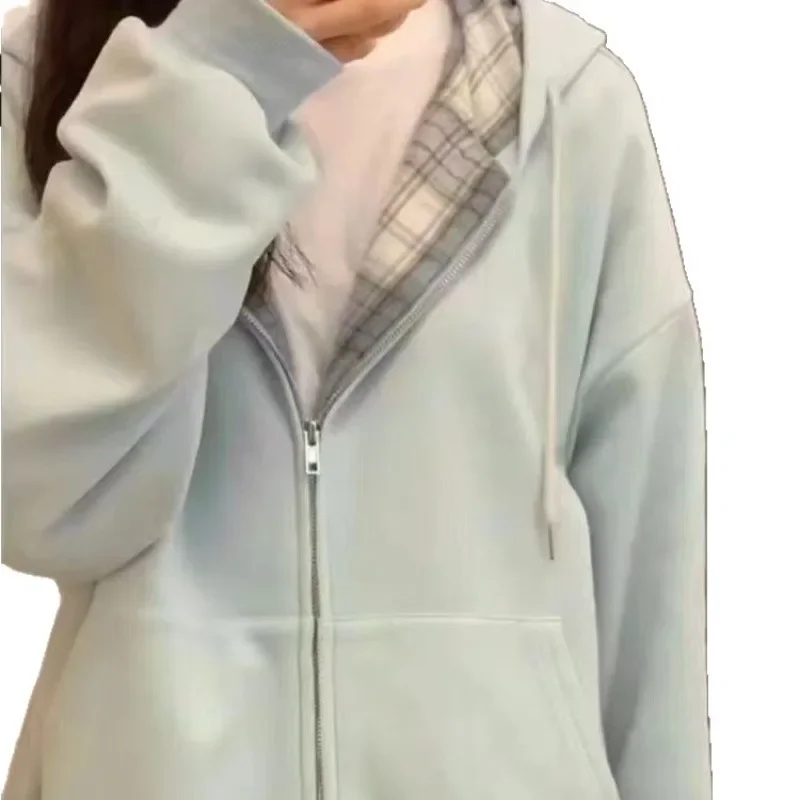 

Japan Plaid Splicing Hooded Sweatshirts Autumn Winter Korean Fashion Harajuku Casual Zip Up Hoodie Jacket Coat Y2k Streetwear