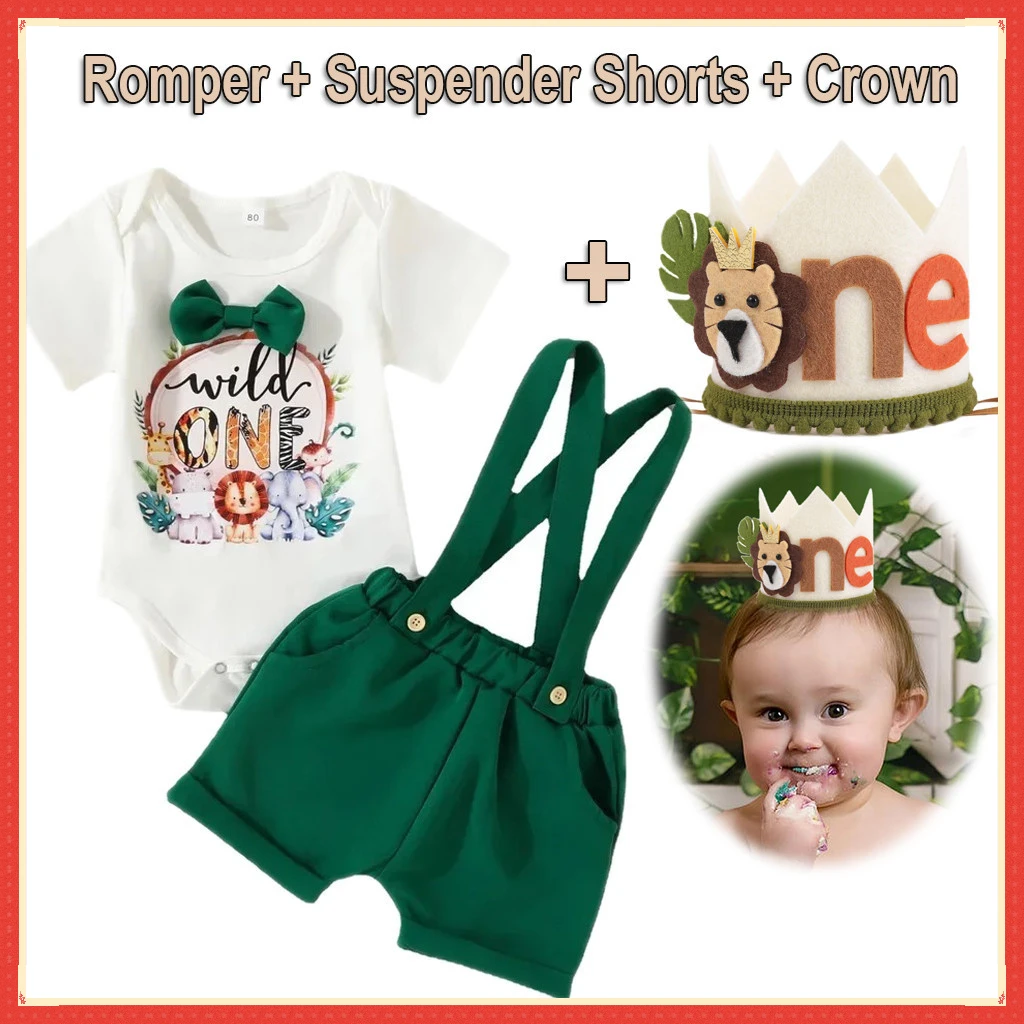 

Safari Costume Baby Boy First Birthday Cake Smash Outfit Baby Clothes Set Newborn Photography Romper with Suspender Shorts Crown