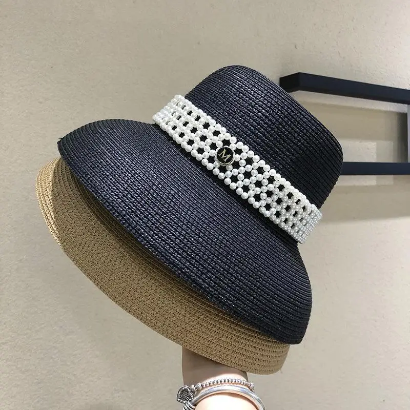 Women French Style Pearl Bucket Hat Tweed Korean Fashion Foldable Wide Brim Straw Beach Resort Summer Sun Protection Visor Cap