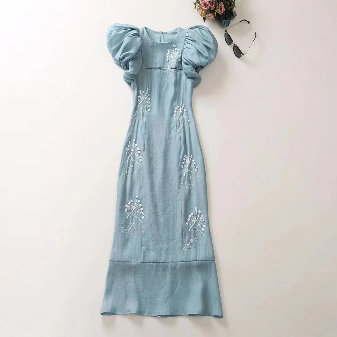 

European and American women's clothes 2023 spring new Short Sleeve Bubble Sleeve sequins Fashion Fishtail Dress XXL