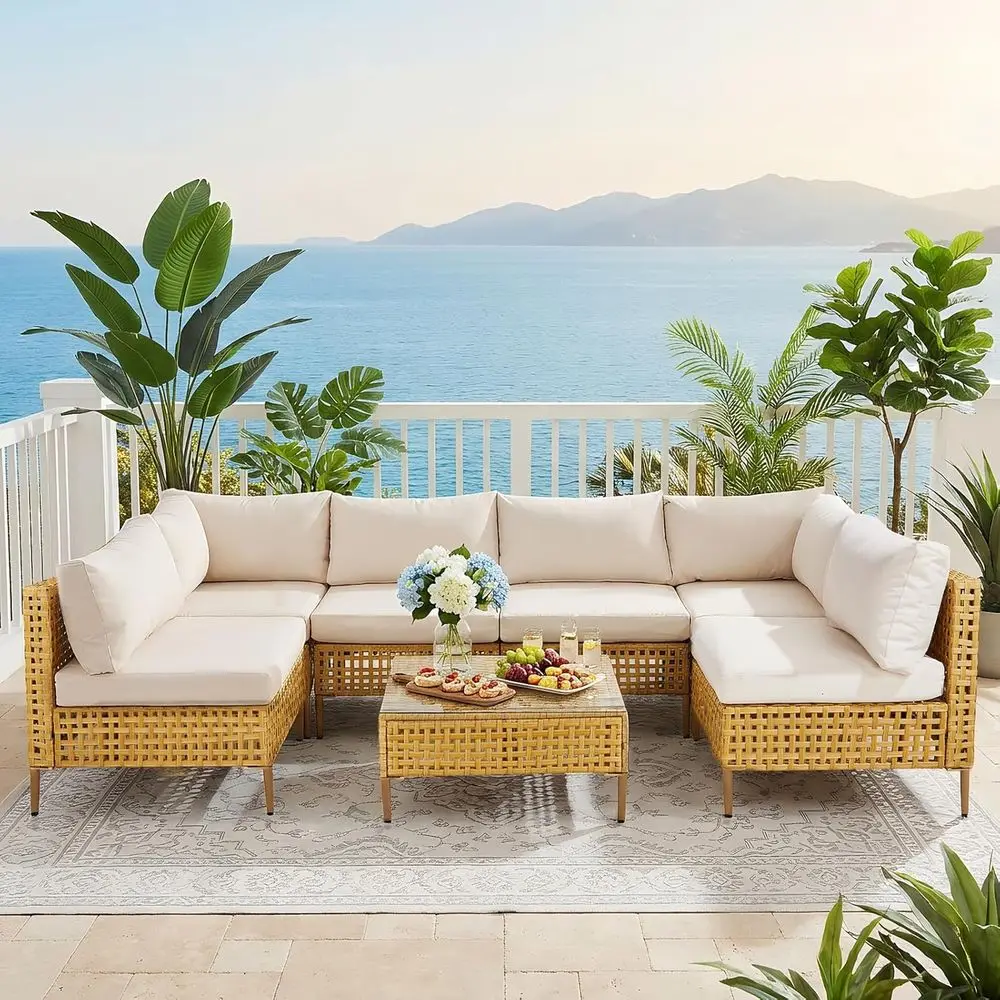 

7-Piece Outdoor Patio Furniture Set with Wicker Rattan and Beige Cushions, Ideal for Garden, Backyard, and Poolside Relaxation