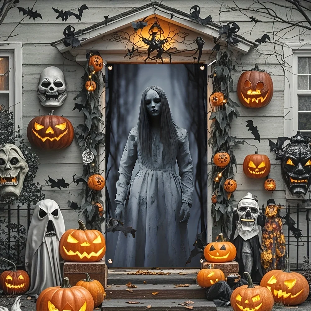 

2D door banner, ghost zombie woman Halloween door banner, durable polyester photography background, Halloween decoration