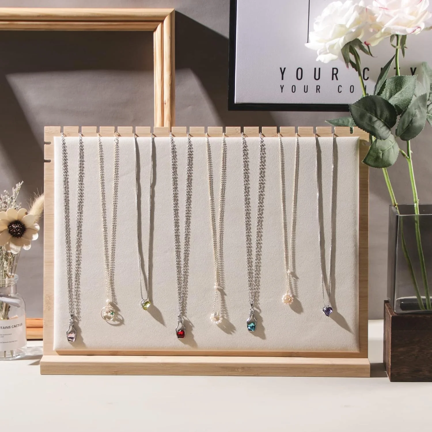 رف عرض قلادة خشبي كبير، رف مجوهرات خشبي قلادة قلادة، رف تخزين رف مجوهرات سلسلة لعرض المتجر و