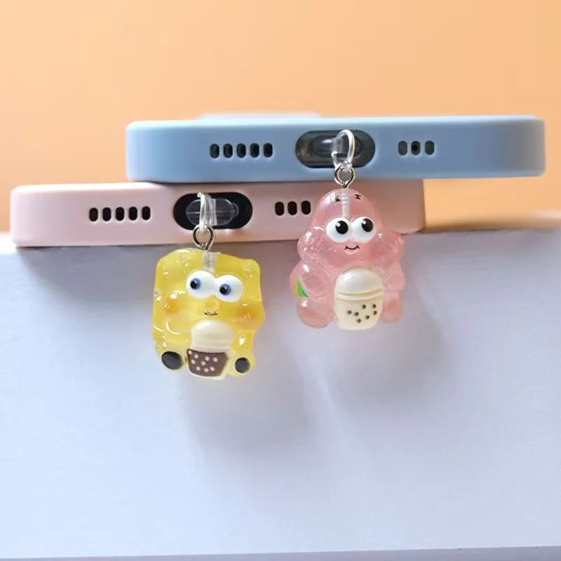 Potdemiel dibujos animados Bob Esponja teléfono tapón antipolvo colgante para IPhone Lightning Samsung Xiaomi tipo C puerto de carga Android tapones antipolvo