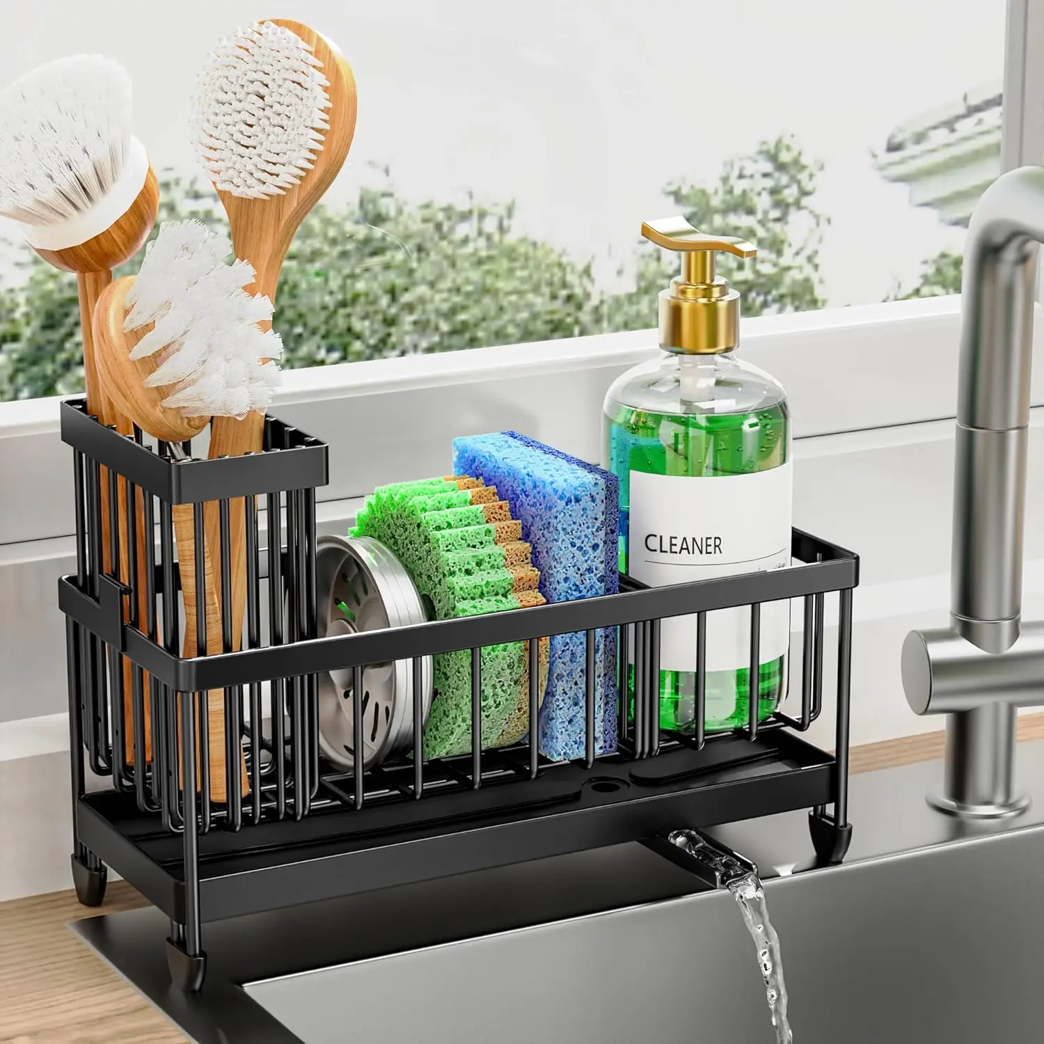Stainless Steel Sink Caddy Organizer with Brush Holder, Rustproof Kitchen Countertop Storage Essentials (Black, 9.25")