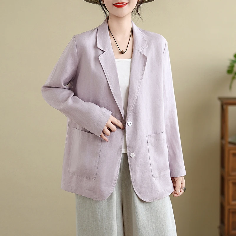 

Casual Loose Fit Long Sve Cotton Linen Blend Single Button Closure Pure Color Thin Outerwear Women's Autumn New Sle Jaet