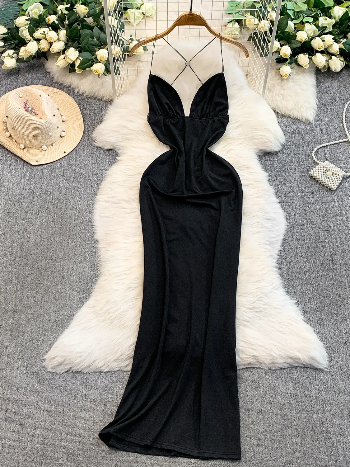 

Sexy Pure Desire Spicy Girl Bal V-ne Strapl Dr Women's Slimming Bodycon Long Skirt High Waist A-line Silhouette