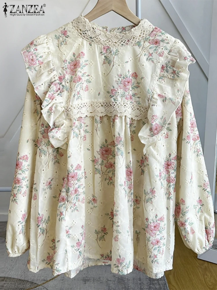 

Women Vintage Long Sleeve Holiday Shirt Bohemain Floral Print Blouse 2025 ZANZEA Casual Lace Patchwork Tops Female Work Blusas