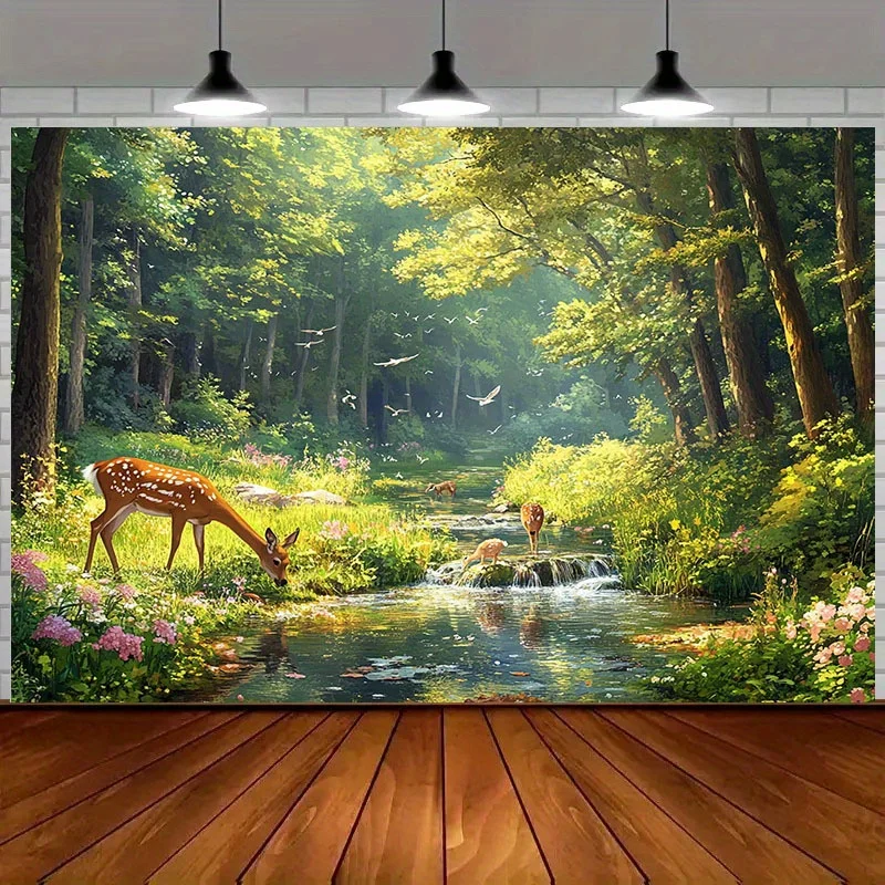 Whimsical Forest Mural Wallpaper Tapestry Nature Decor Deer Stream Woodland Greenery Wall Art Aesthetic for Living Room Bedroom
