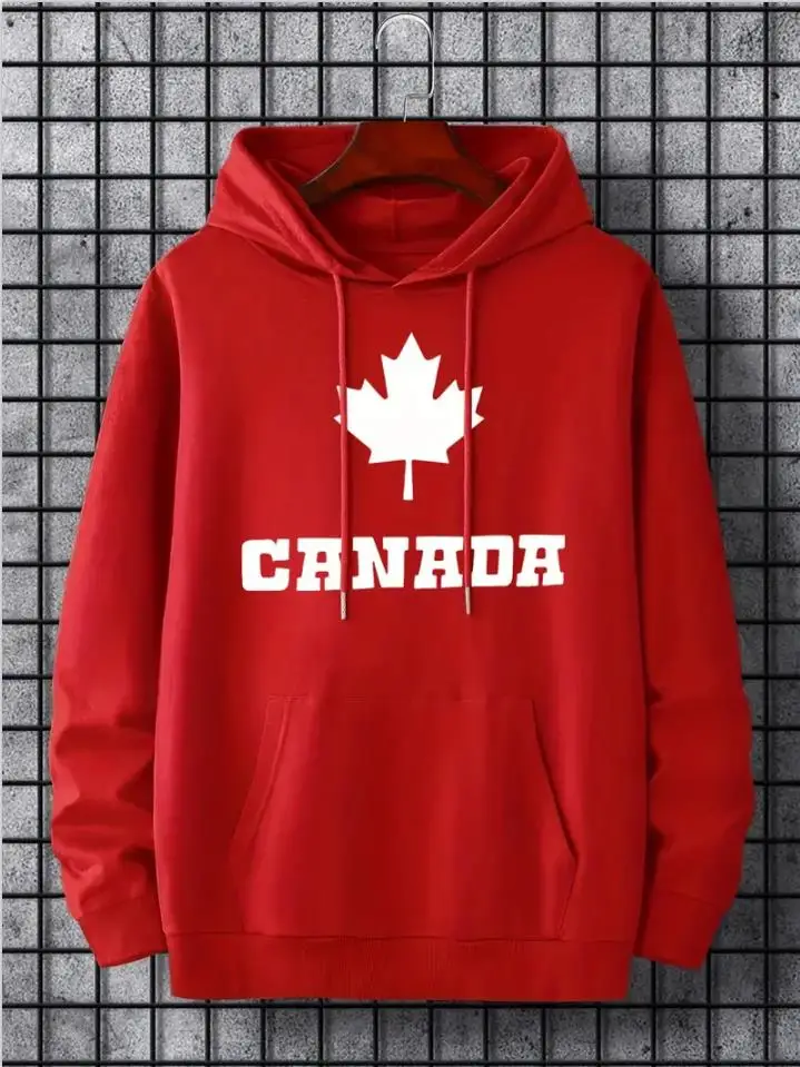 Hoodies For Men, Maple Leaf Canada Print Hoodie, Men’s Casual Pullover Hooded Sweatshirt With Kangaroo Pocket For Spring Fall