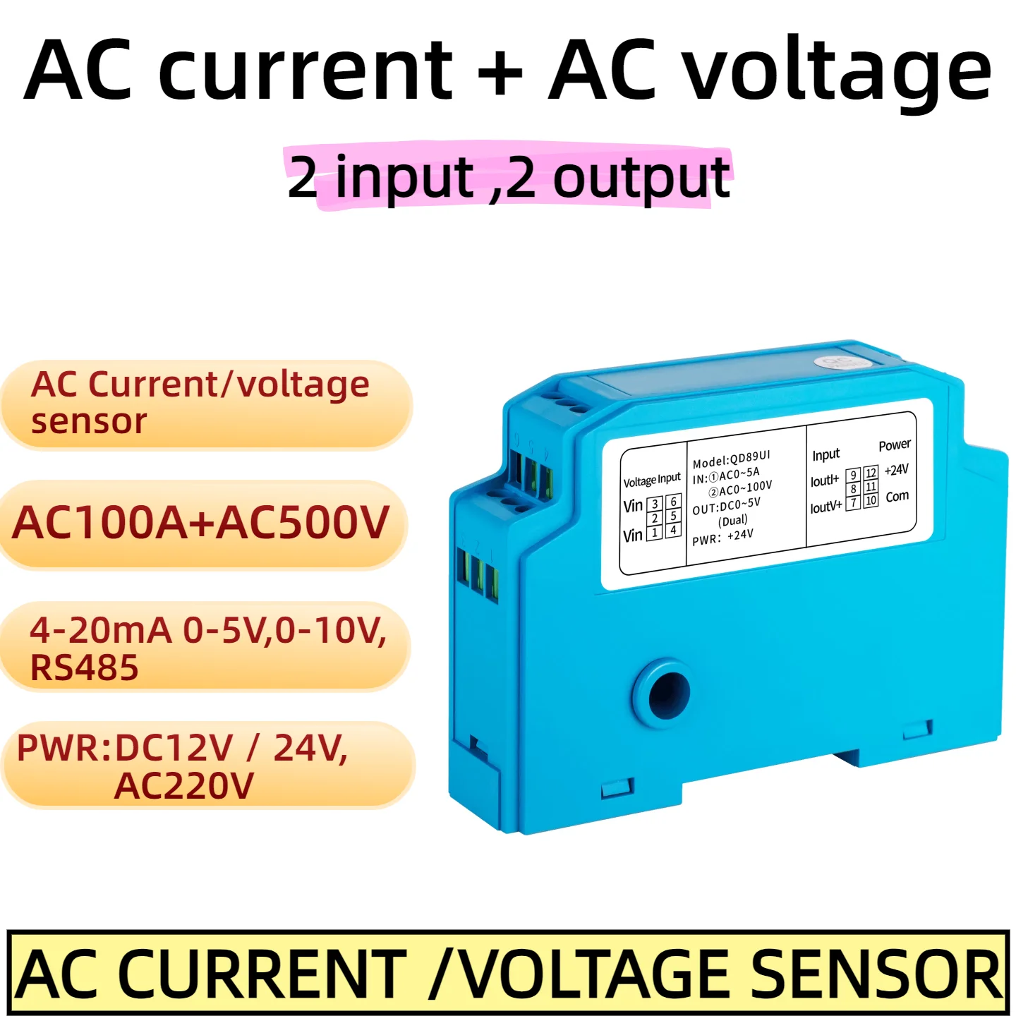 AC Current Voltage Sensor Double Input Hall Current Voltage Transmitter AC5A 10A 50A 50V 75V 100V 4-20mA 0-10V RS485 Output