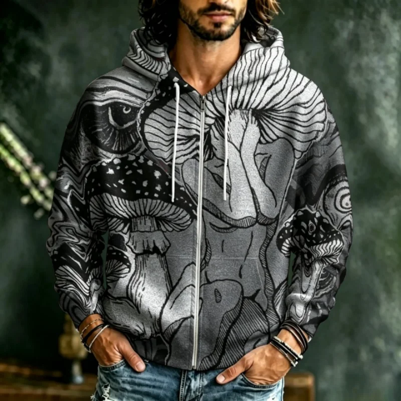 Men's Full Zip Hoodie Vintage Psychedelic Mushroom Forest Art Print Long Sleeve Casual Hooded Jacket Oversized Outerwear