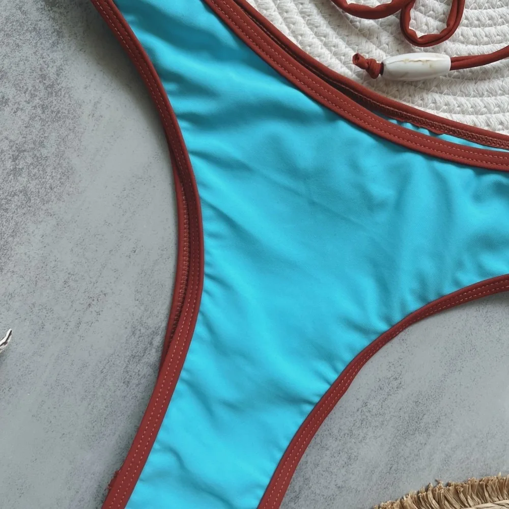Sexy Backless Two-Piece Bikini Solid Color Blue Beaded Swimwear Nylon Bathing Suit For Women Beach Pool Bikini Set Women's Swims