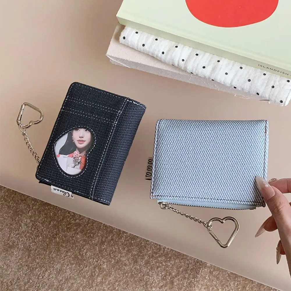 New PU Short Wallet Heart Window Metal Chain Women Wallets Snap Closure Bag Accessories