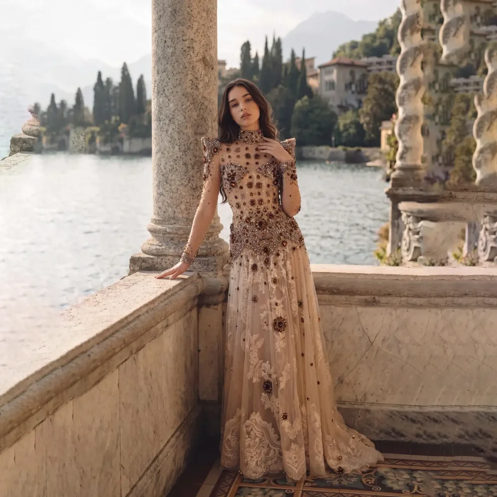 Customized All Over Brown Rhinestone Mother Of The Bride Gown Nude Mesh High Neck Shoulder Pad Lace Flowy Long Evening Gown