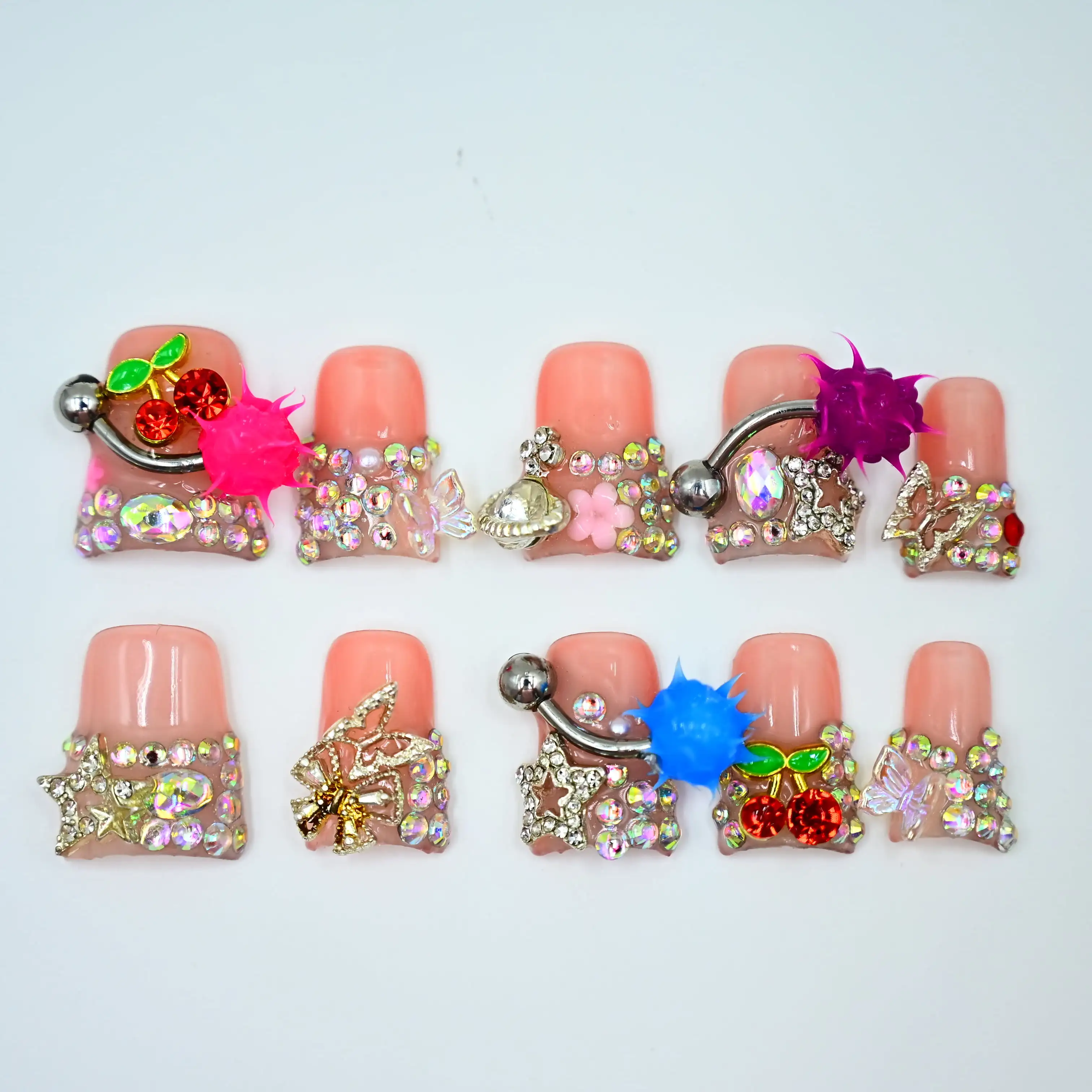 

Cherry Punk Duck Tip Press-On Nails,Handmade 2025 Statement Nails With Piercing Charms, Neon Jelly Spikes & Rhinestone Cherries