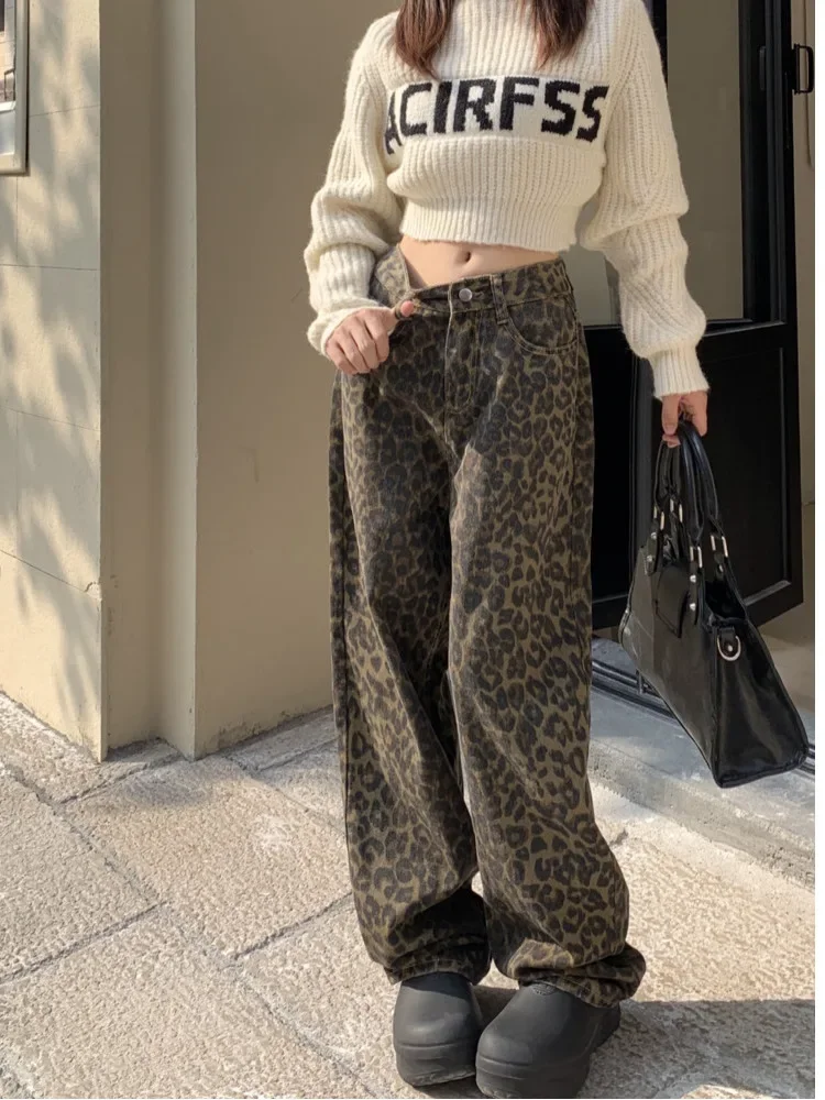 American Vintage Leopard Print Loose Women Jeans Autumn New Classic Straight High Waist Slim Casual Fashion Female Jeans