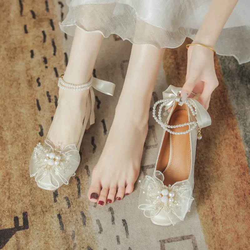 Zapatos para Mujer, Zapatos De tacón Mary Jane con perlas para Mujer, nuevos Zapatos De fiesta De boda con lazo, Zapatos blancos con plataforma De tacón para Mujer, Zapatos De Mujer
