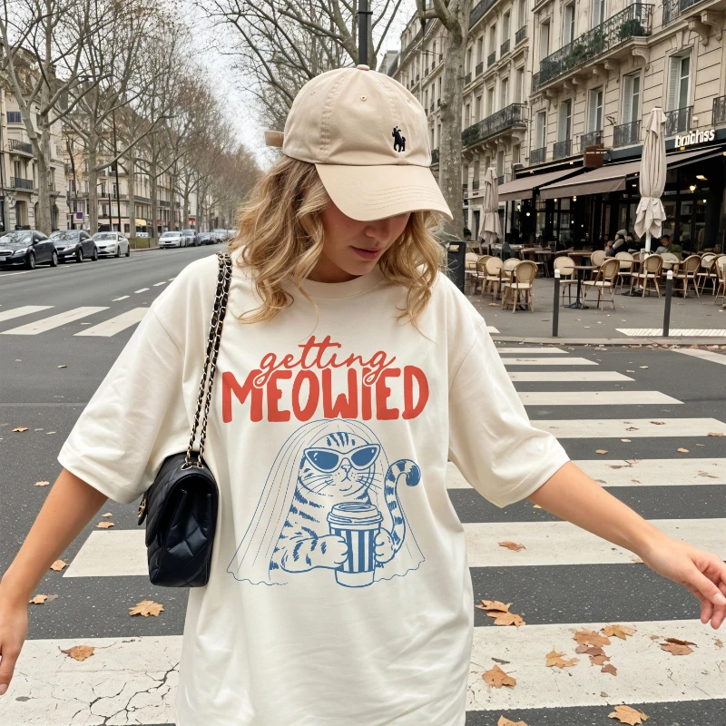 Meowied Shirt, Fun Cat Bride T-shirt, Cat Wedding Shirt, Single Cat Lover Gift, Bridal Shower Cat Pattern T-shirt