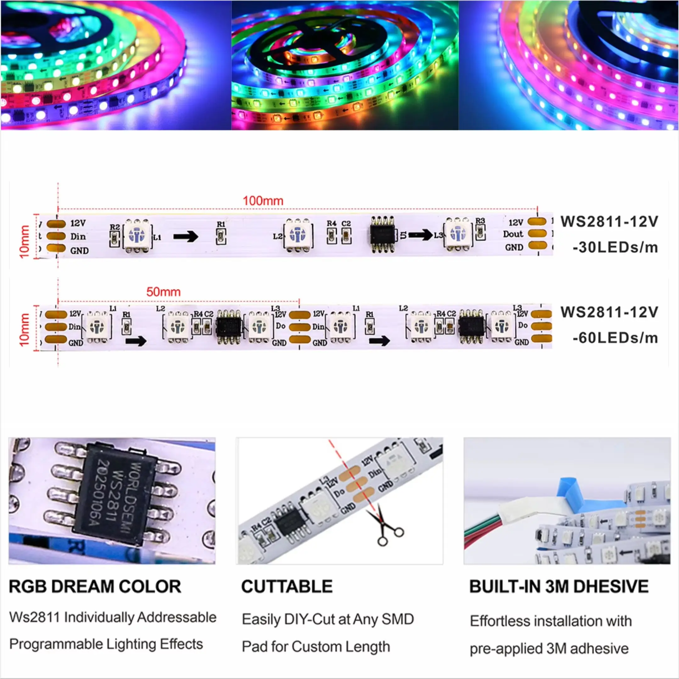 WS2811 12V LED Strip Kit 2.4G RF Remote Bluetooth APP Control Music Dream Color Individually Addressable 30/60/74/96/144LEDs/m H
